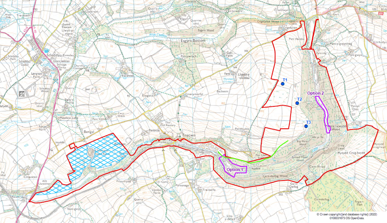 Map of the proposed development. Three wind turbines are proposed for an area to the north-east of Trecwn Depot. An area of solar panels are proposed to the west of Trecwn. A hydrogen manufacturing and storage equipment will sit in the centre of the depot.