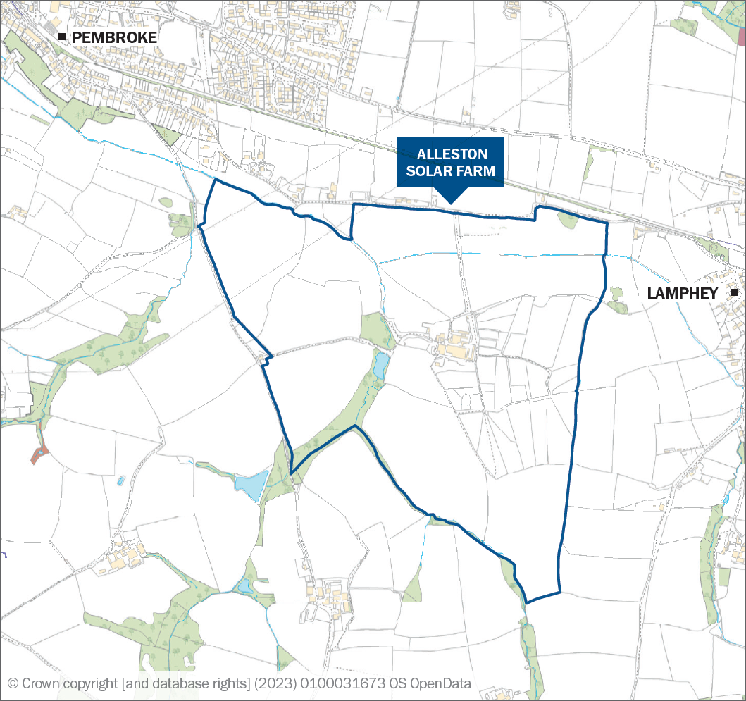 A map showing the proposed location for Alleston Solar Farm, between Pembroke and Lamphey