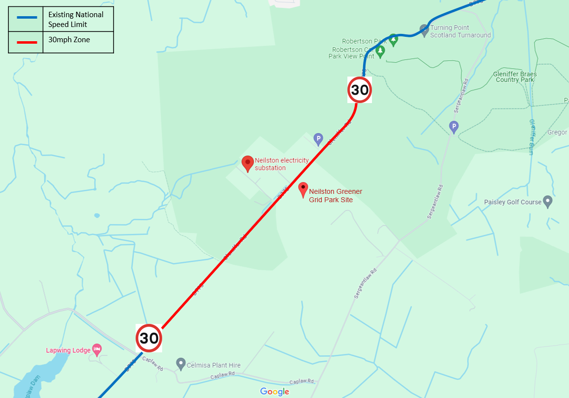 Map showing the tempororay 30 mile per hour limit on Glenniffer Road 