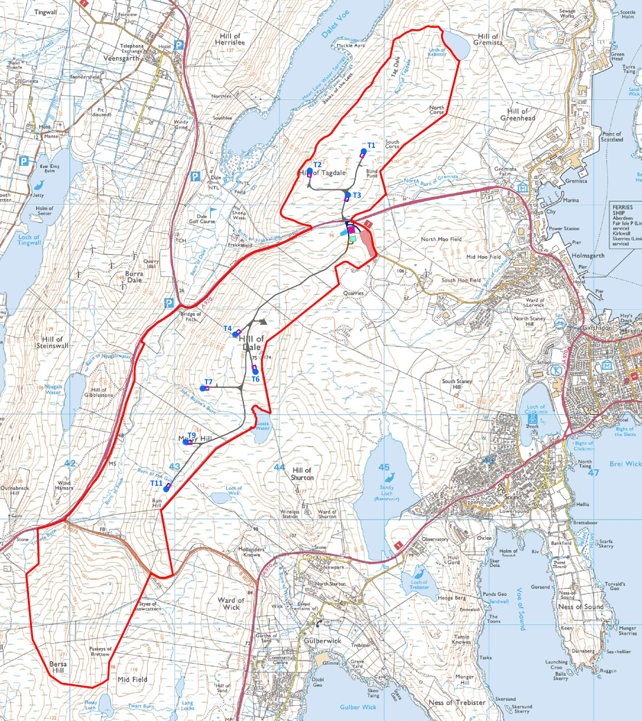 map showing location of turbines for Mossy Hill Wind Farm