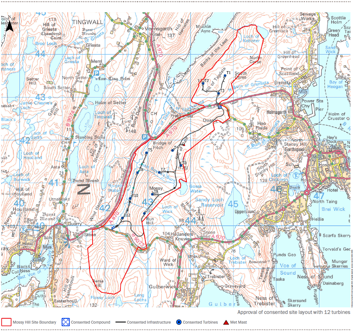 Map displaying the Mossy Hill project site with twelve turbines and ancillary infrastructure