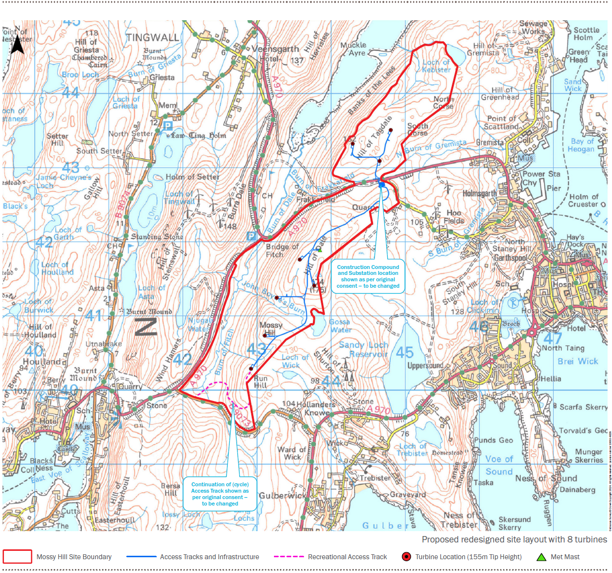 Map showing the redesigned Mossy Hill proposal with eight turbines and ancillary infrastructure